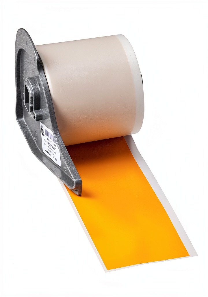 Installing Brady Industrial Labeling Tape Yellow Vinyl Permanent on a metal pipe in a warehouse