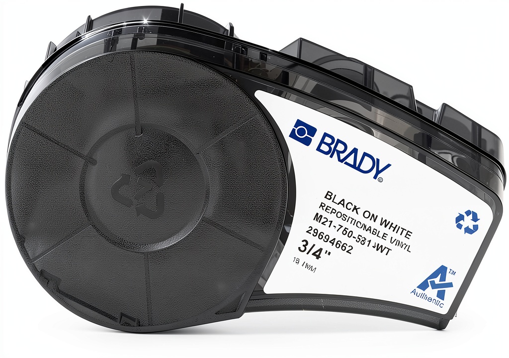 Brady industrial labeling tape applied to a warehouse shelf