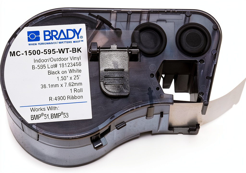 Installing Brady Industrial Labeling Tape Permanent Adhesive Vinyl on a wooden desk