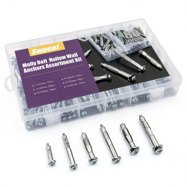 Molly Bolt Assortment Kit Swpeet 80pcs Zinc‑Plated Anchors for Drywall-6