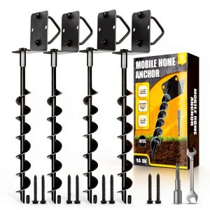 [UPGRADED] 14” Full Spiral Blade Mobile Home Anchor, 4 Pack Ground Anchor Screw in with L-shaped Brackets, U-bolts, Power Nut Driver, Earth Anchors High Wind Heavy Duty for Camping Tents, Swing Sets-0