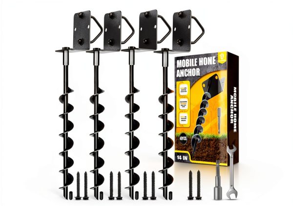 [UPGRADED] 14” Full Spiral Blade Mobile Home Anchor, 4 Pack Ground Anchor Screw in with L-shaped Brackets, U-bolts, Power Nut Driver, Earth Anchors High Wind Heavy Duty for Camping Tents, Swing Sets-0