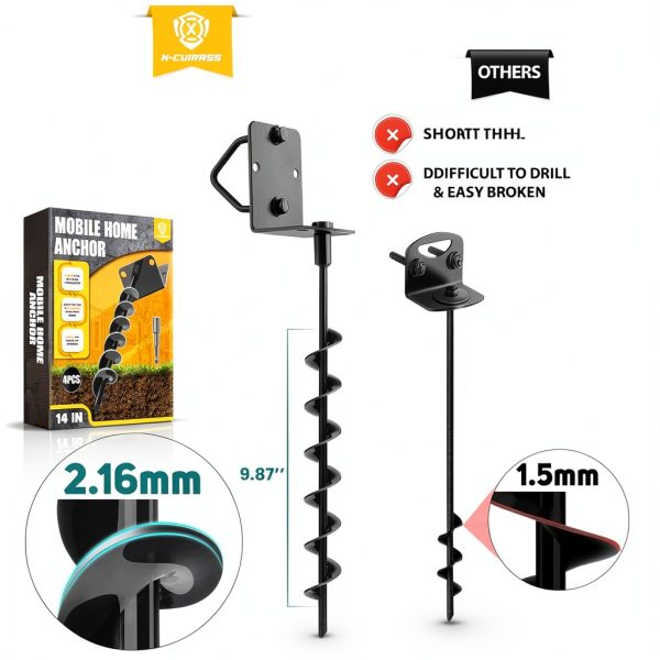 [UPGRADED] 14” Full Spiral Blade Mobile Home Anchor, 4 Pack Ground Anchor Screw in with L-shaped Brackets, U-bolts, Power Nut Driver, Earth Anchors High Wind Heavy Duty for Camping Tents, Swing Sets-1