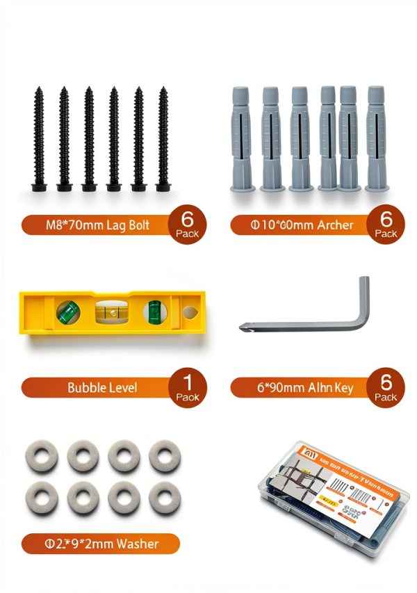 Lag Bolt Kit for TV Mounting Hardware - M8x70mm Lag Bolt and Washer for Wood Stud, Anchors for Concrete/Brick Wall, Includes Allen Key and Bubble Level for Easy Installation-2